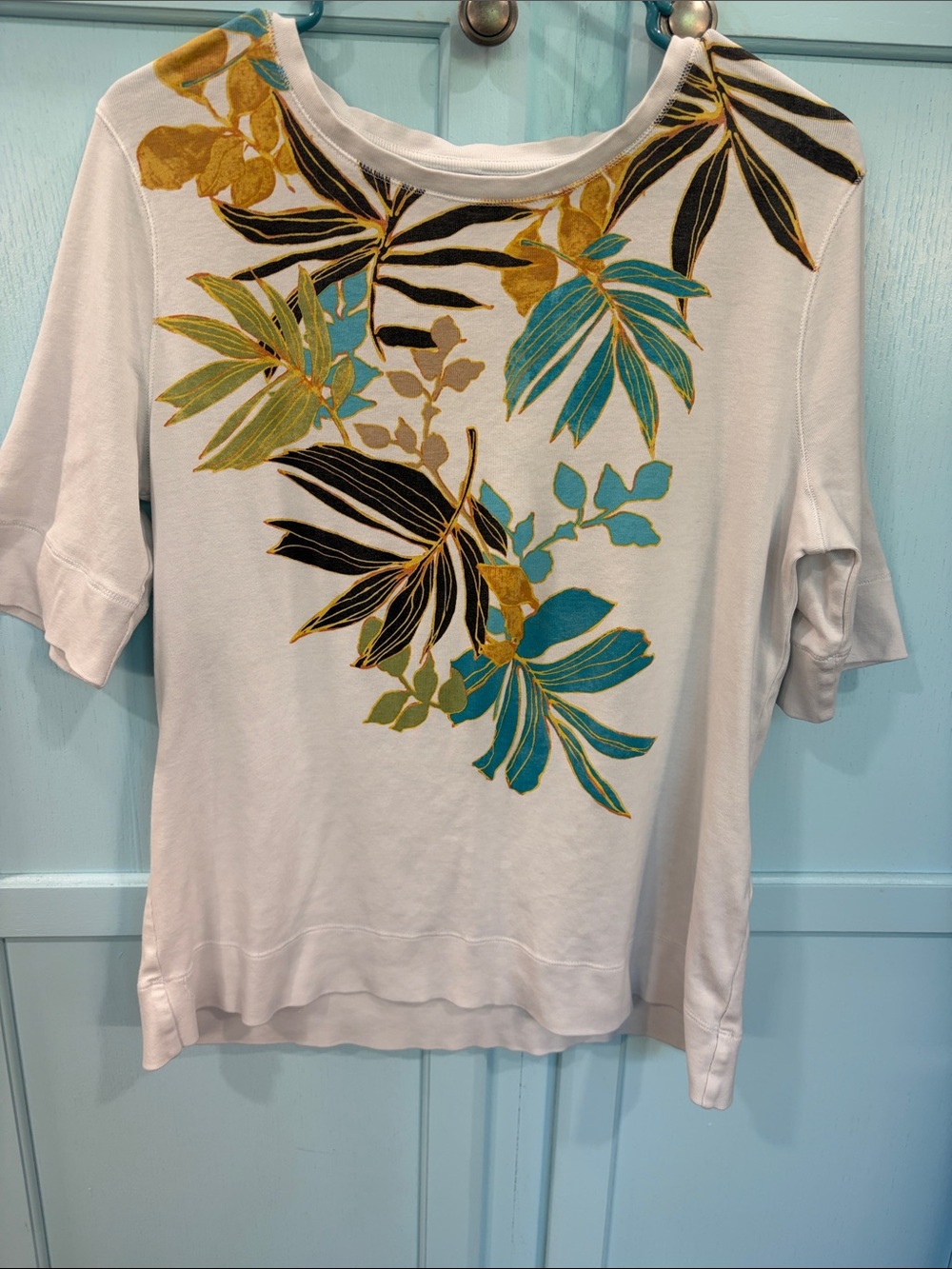 Chico's White Short Sleeve Tee with Teal, Mustard & Black Botanical Print